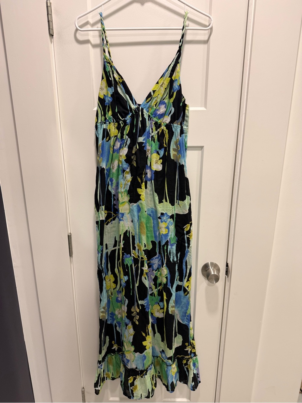Old Navy Floral V-Neck Maxi Dress in Black, Blue, and Green
